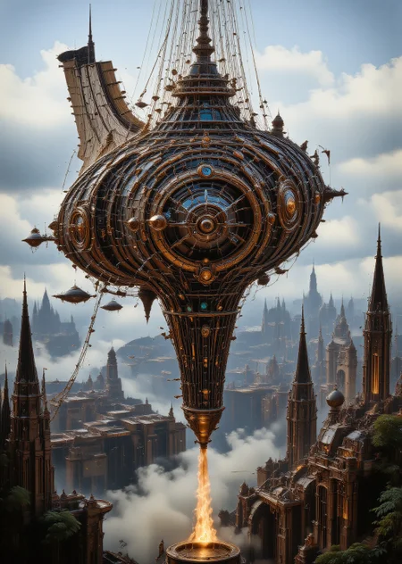 Colossal steampunk airship, ornate brass and copper detailing, sails billowing, hovers majestically above a sprawling Victorian-era cityscape. Intricate gears and pistons visible through translucent panels. Propellers whir, emitting wisps of steam. Crew members in elaborate goggles and top hats tend to gleaming machinery on the deck. Zeppelin-like envelope adorned with elaborate filigree patterns. City below shrouded in mist, clocktowers and chimneys pierce the fog. Golden sunlight glints off polished surfaces. Floating islands with hanging gardens drift nearby. Smaller vessels buzz around like mechanical insects. Hyper-detailed, 8K resolution, photorealistic rendering, atmospheric lighting, cinematic composition, <lora:moxiePunk_v20.safetensors:0.8:0.8> <lora:Sinfully_Stylish_.02_for_FLUX-000002.safetensors:0.8:0.8> <lora:flux.1_lora_flyway_Epic-detail_v2.safetensors:0.8:0.8>