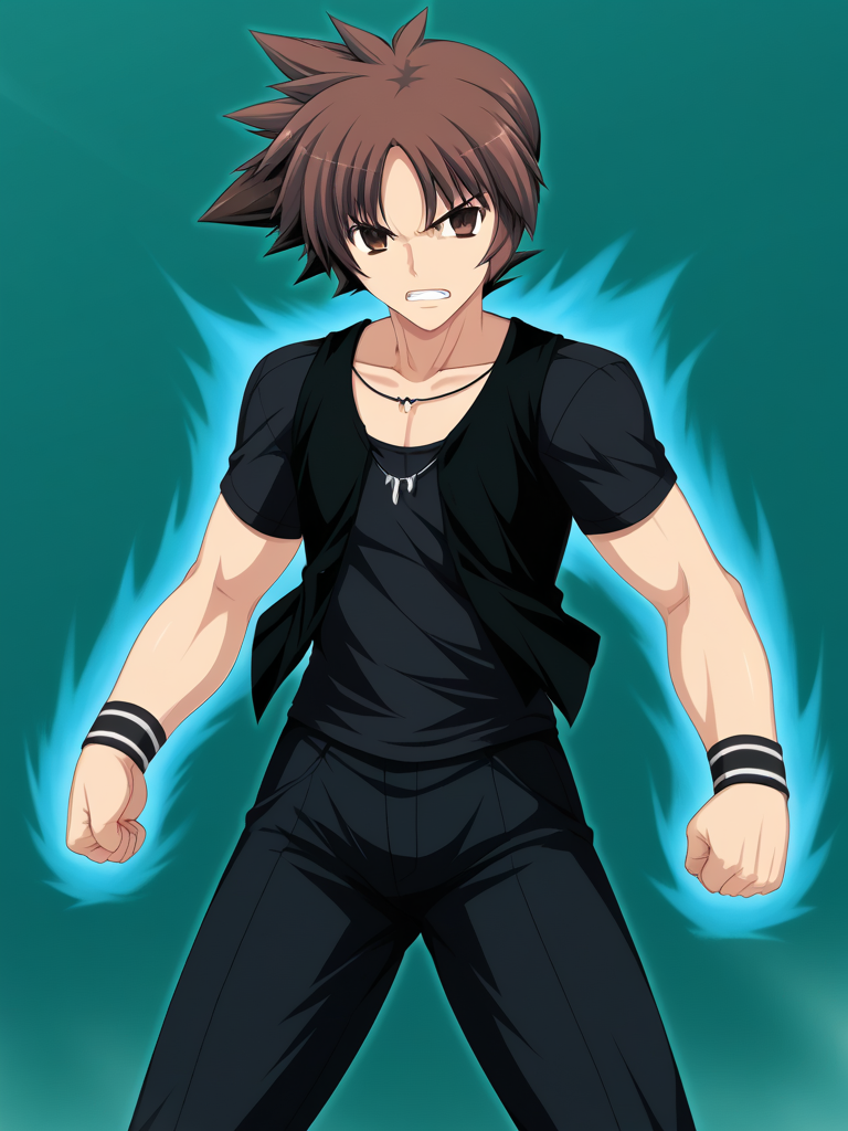 1boy, solo, reijilokiEXAEXSFA, brown hair, spiked hair, brown eyes, t-shirt, vest, wristband, pants, necklace, jewelry, serious, green background, mist, clenched fists, standing, cowboy shot, blue aura, fighting stance, teeth, angry, legs apart,