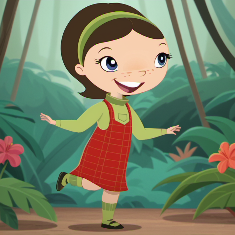 score_9, solo, 1girl, wwl1, blue eyes, smile, freckles, brown hair, dress, turtleneck, open mouth, short hair, green socks, black shoes, child, green hairband, standing on one leg, retro artstyle, jungle garden, <lora:wwl1-000009:1>,
