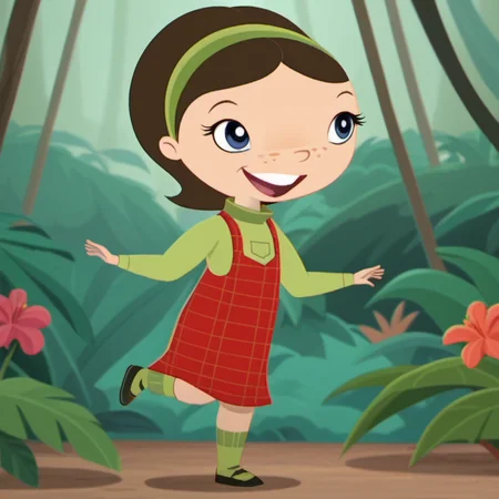 score_9, solo, 1girl, wwl1, blue eyes, smile, freckles, brown hair, dress, turtleneck, open mouth, short hair, green socks, black shoes, child, green hairband, standing on one leg, retro artstyle, jungle garden, <lora:wwl1-000009:1>,