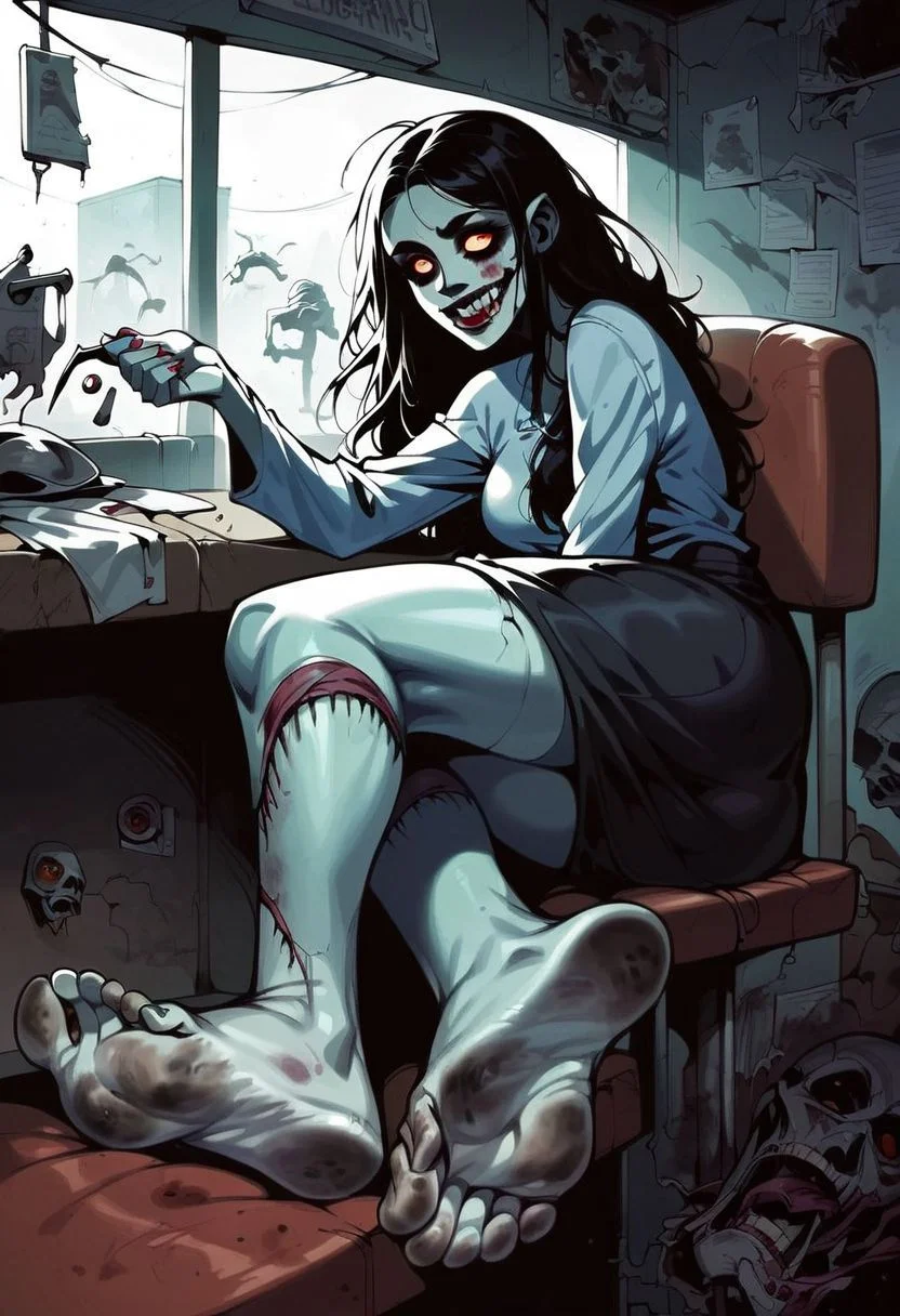 score_9, score_8_up, score_7_up, score_6_up, score_5_up, score_4_up,source_anime, 2d anime, zombie, zombie woman, zombie slut, sexy zombie, motion, erotic, porn, horror, dead eyes, interior, morgue, stretcher, fluorescent light, sitting, showing feet, perfect feet, perfect soles, dirty feet