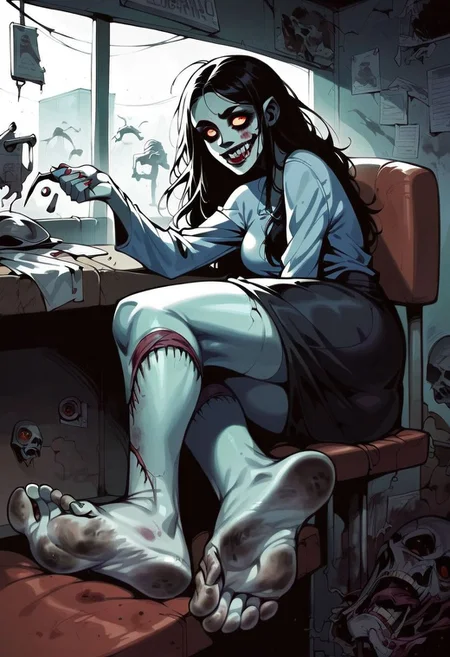 score_9, score_8_up, score_7_up, score_6_up, score_5_up, score_4_up,source_anime, 2d anime, zombie, zombie woman, zombie slut, sexy zombie, motion, erotic, porn, horror, dead eyes, interior, morgue, stretcher, fluorescent light, sitting, showing feet, perfect feet, perfect soles, dirty feet