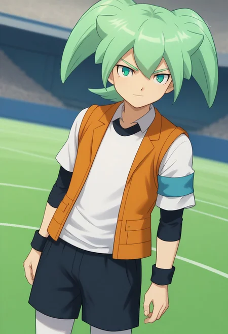 score_9, score_8_up, score_7_up, source_anime, highly detailed,
feirun, 1boy, male focus, solo, green hair, twintails, green eyes, sportwear, soccer uniform, garu soccer uniform, shirt, layered sleeves, long over short sleeves, vest, yellow vest, shorts, black shorts, pantyhose, white pantyhose,
armband, blue armband
outdoor,