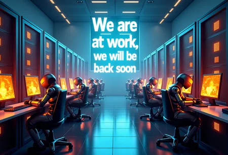 in a data center, with a large window in the front, many robots are working on computers in the data center, the computers are on fire, a large sign at the top of the window saying "We are at work, we will be back soon"