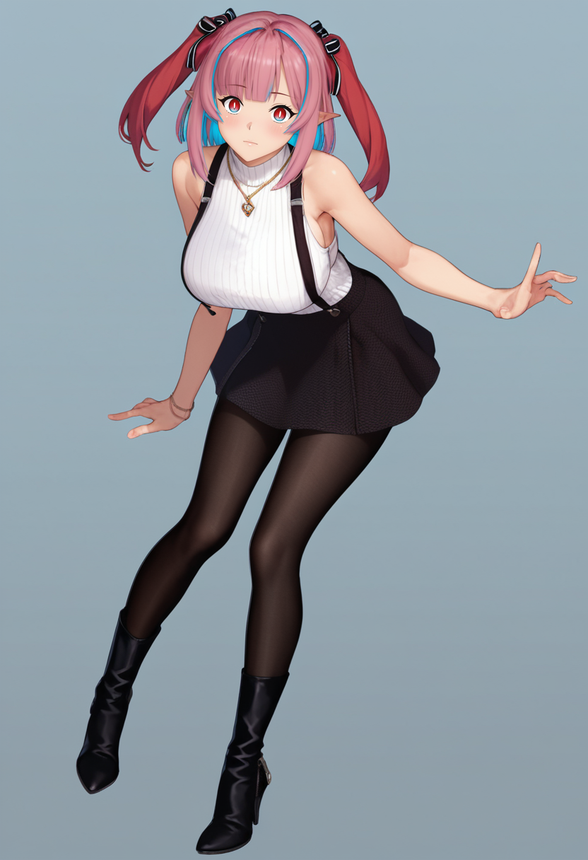 score_9, score_8_up, score_7_up, 1girl, solo, full body, casual, sleeveless sweater, suspender skirt, black pantyhose, high heel boots, pendant necklace, large breasts, multicolor eyes, medium hair, red twintails, hair ribbon, pointy ears, kanan zebel, simple background<lora:kanan xl 012 fro 99:1>