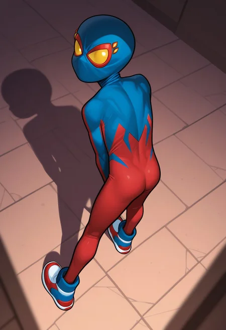 1boy, male focus, cute boy, BaileyBriggs, Mask, Yellow Eyes, Spiderboy Costume, Two-tone Bodysuit, Red Bodysuit, Blue Bodysuit, Red Blue Sneakers, cinematic, intricately detailed illustration, depth of field, masterpiece, best quality, amazing quality, very aesthetic, absurdres, newest, very awa, shadow, dynamic angle, casual cosplay, from behind,  looking back