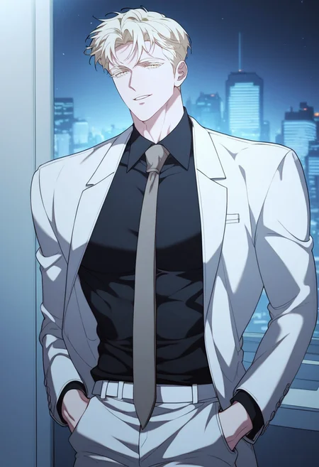 score_9,score_8_up,score_7_up,1boy,solo,yaoi,bara,male focus,fairly nsfw,uncersored,highres,best quality,amazing quality,best aesthetic,absurdres,<lora:add-detail-xl:1>,<lora:Expressive_H:1>,Expressiveh,male focus,<lora:SEO_MIDO:0.7>,seo mido,short hair,blonde hair,colored eyelashes,formal,suit,white suit,black shirt,necktie, hands in pockets, looking at viewer, night,office, city lights, skyline,