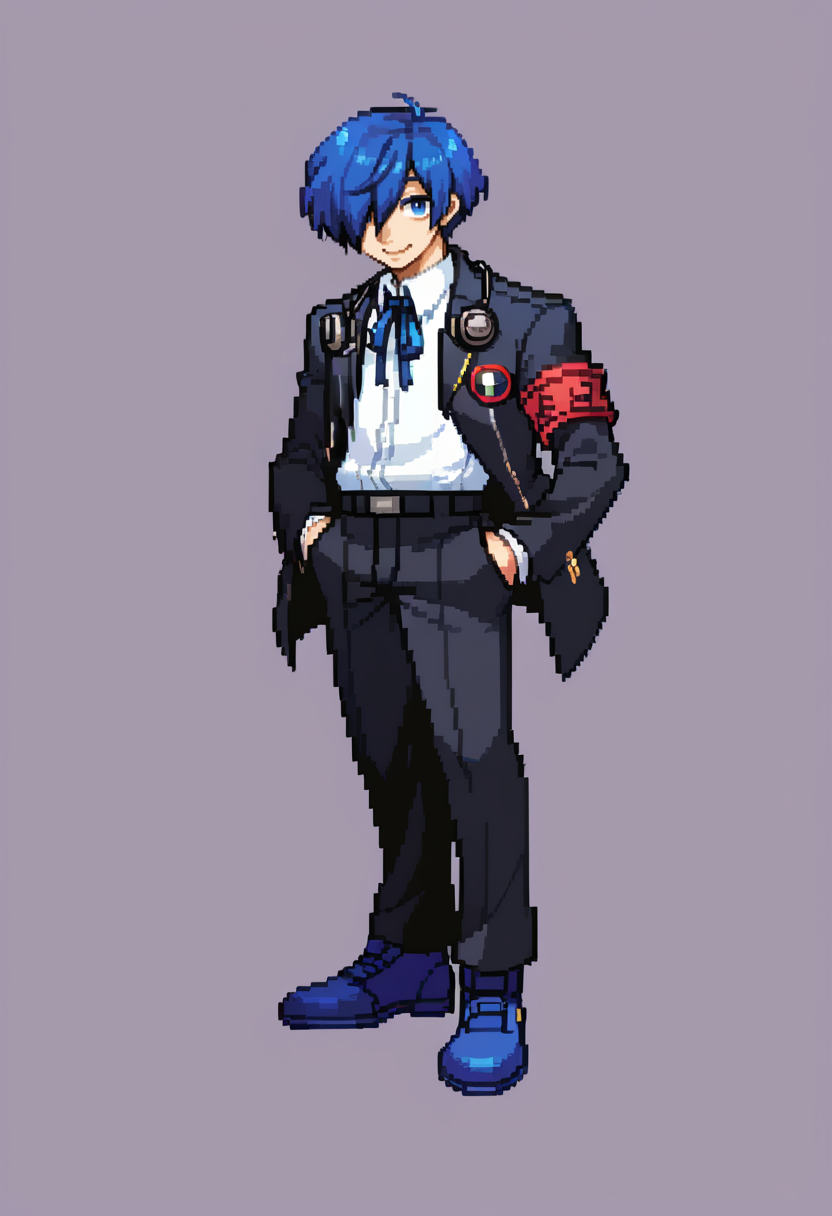 score_9, score_7_up, BREAK, solo, 1boy, smile, looking at viewer,  <lora:CPS2-pdxl_Fp:1>, simple background, full body, pixel art, <lora:MakotoP3-pdxl_Fp:0.8>, makotop3, school uniform, gekkoukan high school uniform, headphones, blue hair, blue eyes, short short hair, black jacket, black pants, hair over one eye, hand in pocket, looking at viewer, blue footwear, ribbon, armband,
