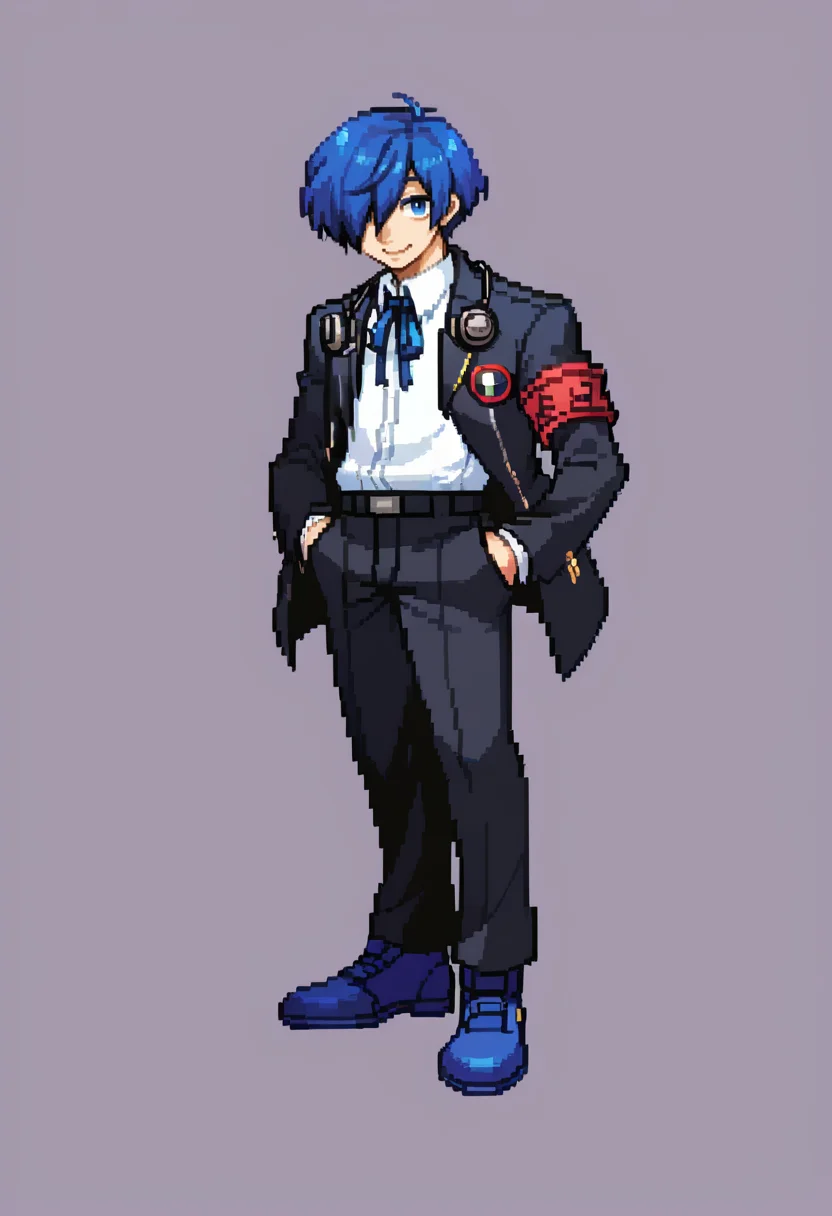 score_9, score_7_up, BREAK, solo, 1boy, smile, looking at viewer, <lora:CPS2-pdxl_Fp:1>, simple background, full body, pixel art, <lora:MakotoP3-pdxl_Fp:0.8>, makotop3, school uniform, gekkoukan high school uniform, headphones, blue hair, blue eyes, short short hair, black jacket, black pants, hair over one eye, hand in pocket, looking at viewer, blue footwear, ribbon, armband,