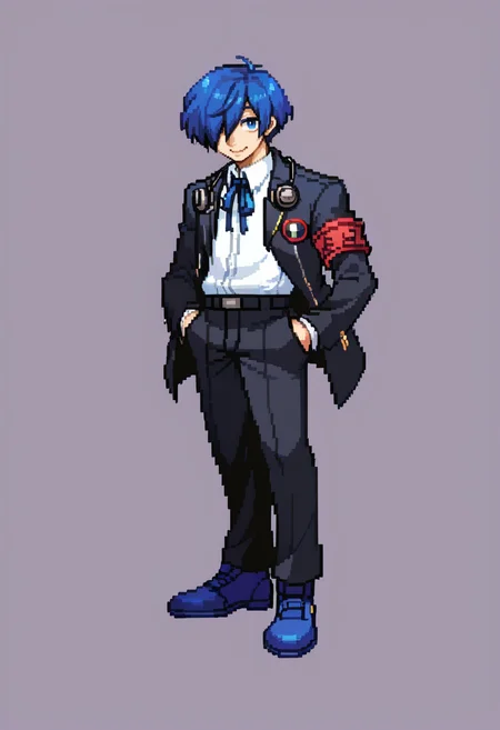 score_9, score_7_up, BREAK, solo, 1boy, smile, looking at viewer, <lora:CPS2-pdxl_Fp:1>, simple background, full body, pixel art, <lora:MakotoP3-pdxl_Fp:0.8>, makotop3, school uniform, gekkoukan high school uniform, headphones, blue hair, blue eyes, short short hair, black jacket, black pants, hair over one eye, hand in pocket, looking at viewer, blue footwear, ribbon, armband,