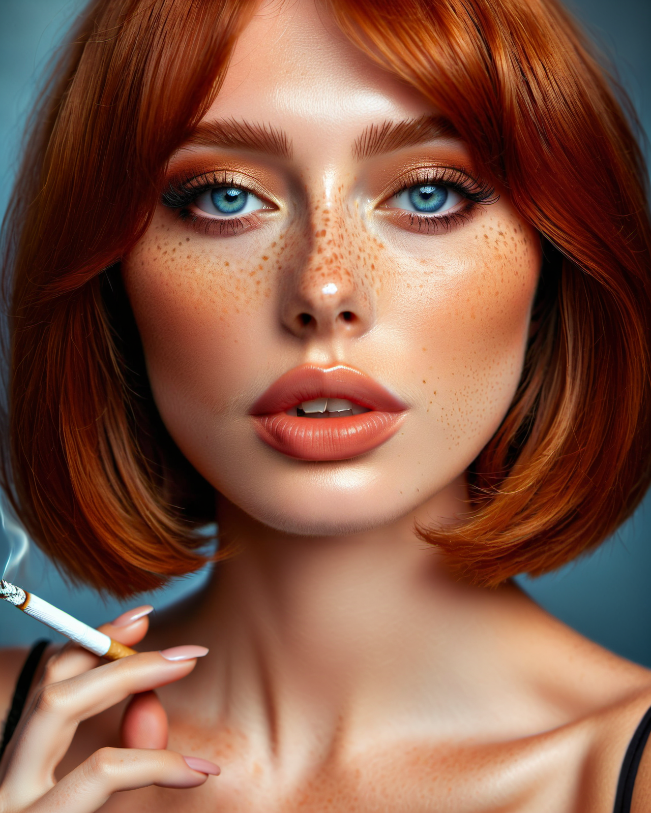 1girl, alluring, makeup, realistic,, ginger hair,  blue eyes, freckles, bobcut hair,
<lora:Smoking_Babes_XL_V2:0.6> 
cigarette in mouth, detailed face, 
close up