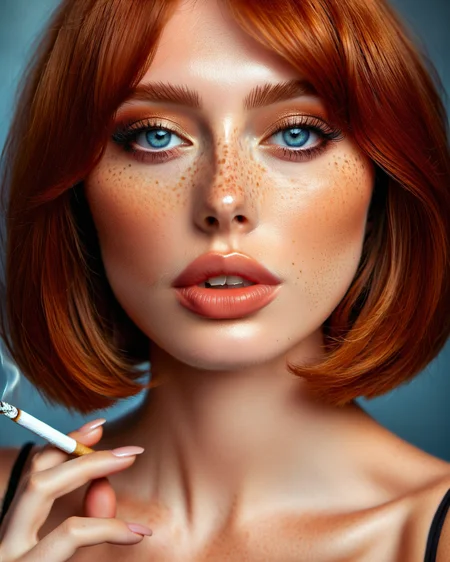 1girl, alluring, makeup, realistic,, ginger hair, blue eyes, freckles, bobcut hair,
<lora:Smoking_Babes_XL_V2:0.6>
cigarette in mouth, detailed face,
close up