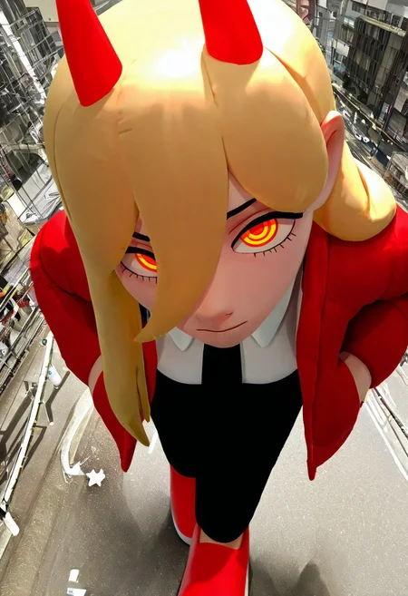 masterpiece, best quality, newest, absurdres, highres, 1girl, black necktie, necktie, solo, long hair, horns, red eyes, shirt, jacket, white shirt, pants, black pants, red footwear, collared shirt, shoes, blonde hair, power \(chainsaw man\), hands in pockets, facing viewer, looking at viewer, ringed eyes, leaning forward, close-up, red jacket, from above, upturned eyes, giantess, inflatable toy,
<lora:tsunotsuno_ill:1>
