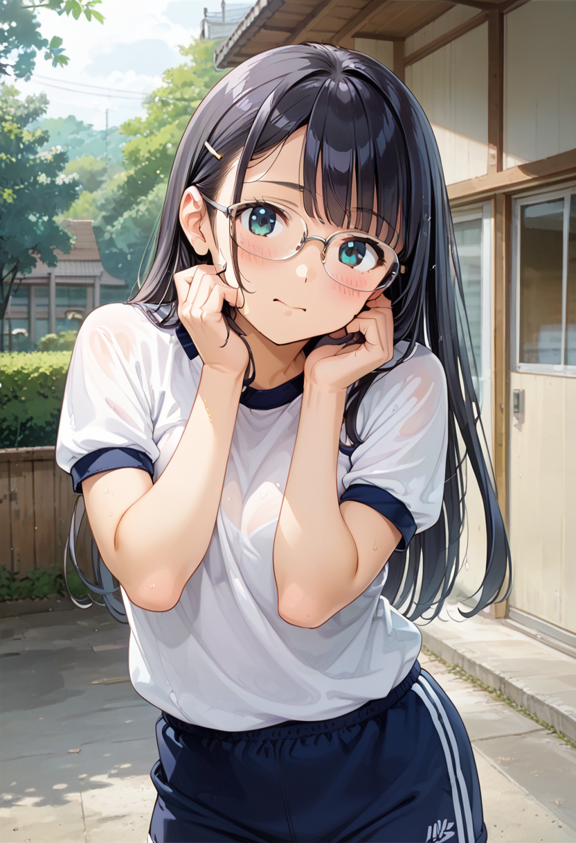 score_9, score_8_up, score_7_up, rating_safe, masterpiece, best quality, absurdres, unity 8k wallpaper, official art, official style, source_anime, uncensored, game cg, megami magazine,
1girl, solo, glasses, black hair, long hair, gym uniform, sportswear, looking at viewer, blush, hands on own cheek, 
taikusouko, multiple girls, door, exterior, outdoors, 
 <lora:gakkou_taiikusouko_PONY_V1:1>
