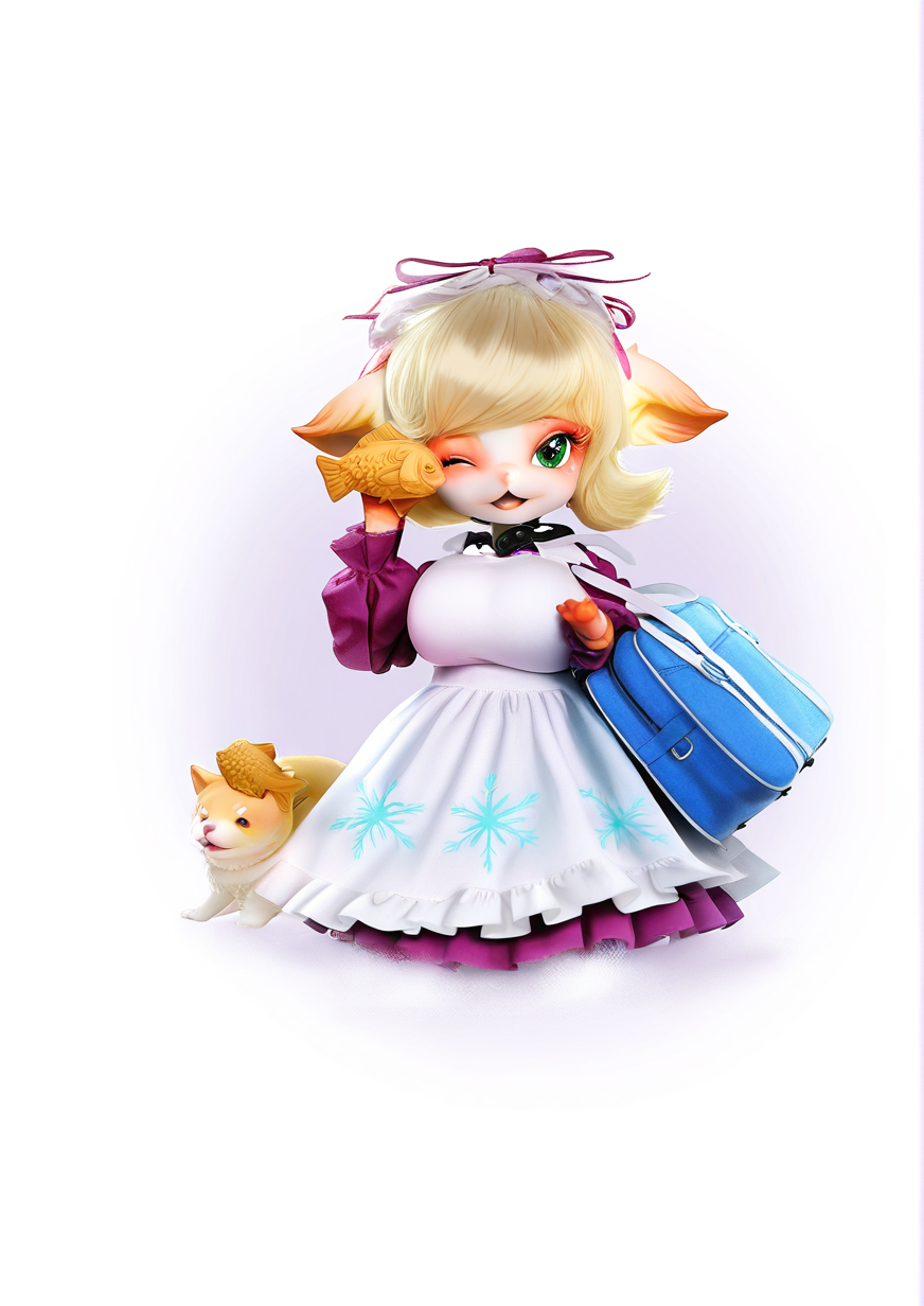 <lora:DOLL_ZONE_furry:1>,1girl, huge breasts, Miss Kitty(f), young girl, Ears Down, blonde hair, short hair, green eyes, Kitty(f) dress,white,white apron, puffy sleeves, ;d, bag, blue bag, food, one eye closed, open mouth, school bag, shiba inu, smile, snow, snowflakes, solo, taiyaki, teeth, upper teeth only,