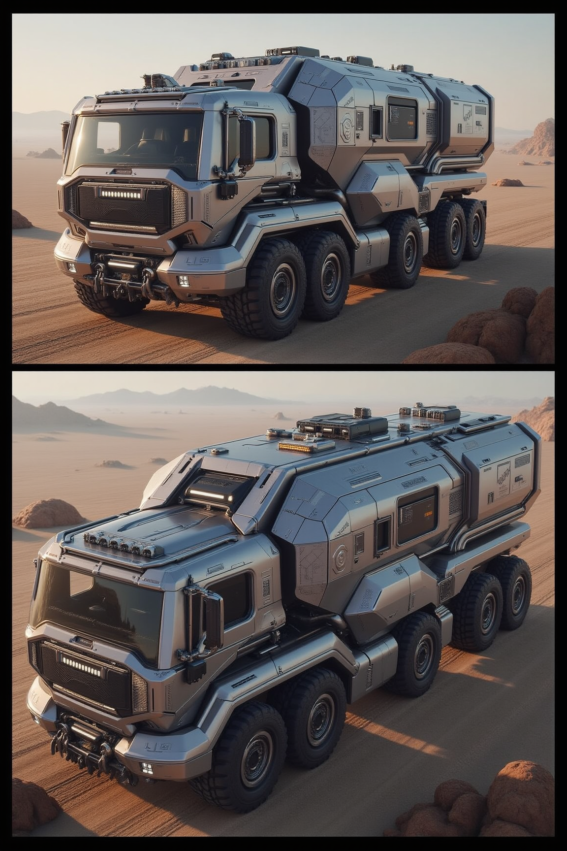 YFG-R1gs, A quantum-entangled delivery truck, its cargo instantaneously transported across vast distances, delivers packages to remote outposts. The truck's physical presence is merely a conduit for the quantum transfer. Its crew monitors the process from a control room, ensuring the integrity of the transported cargo. The surrounding landscape is a desolate expanse of alien terrain.