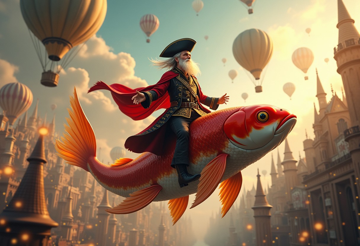 In an 8K, high-quality action scene, a charismatic pirate captain rides a giant koi fish through the skies of a bustling steampunk city, leaving a trail of golden sparkles and steam clouds behind. The captain's ornate coat billows dramatically as he stands confidently on the fish’s back like a seasoned rider. Hot air balloons, gears, and zeppelins soar past, while the pirate's eyes gleam with excitement and discovery. The scene is vibrant and lifelike, with detailed textures on every surface, from the scales of the koi to the intricate machinery around. This cinematic moment captures the magic and thrill of a high-flying adventure. A WIZARD IS ALSO ON THE PICTURE BECAUSE WIZARDS ARE COOL! REMEMBER! OLD WIZARD WITH ROBES WIZARD HAT AND LONG WHITE BEARD, PRETTY IMPORTANT!