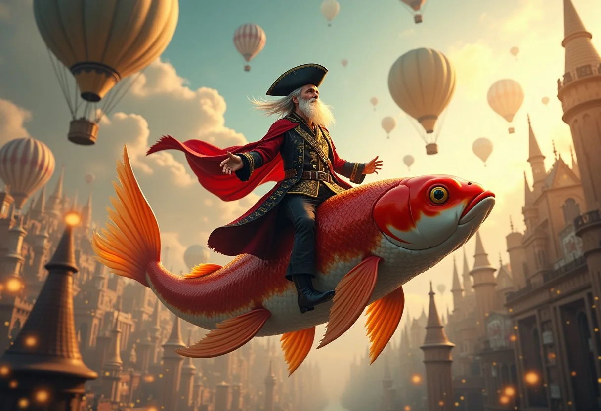 In an 8K, high-quality action scene, a charismatic pirate captain rides a giant koi fish through the skies of a bustling steampunk city, leaving a trail of golden sparkles and steam clouds behind. The captain's ornate coat billows dramatically as he stands confidently on the fish’s back like a seasoned rider. Hot air balloons, gears, and zeppelins soar past, while the pirate's eyes gleam with excitement and discovery. The scene is vibrant and lifelike, with detailed textures on every surface, from the scales of the koi to the intricate machinery around. This cinematic moment captures the magic and thrill of a high-flying adventure. A WIZARD IS ALSO ON THE PICTURE BECAUSE WIZARDS ARE COOL! REMEMBER! OLD WIZARD WITH ROBES WIZARD HAT AND LONG WHITE BEARD, PRETTY IMPORTANT!