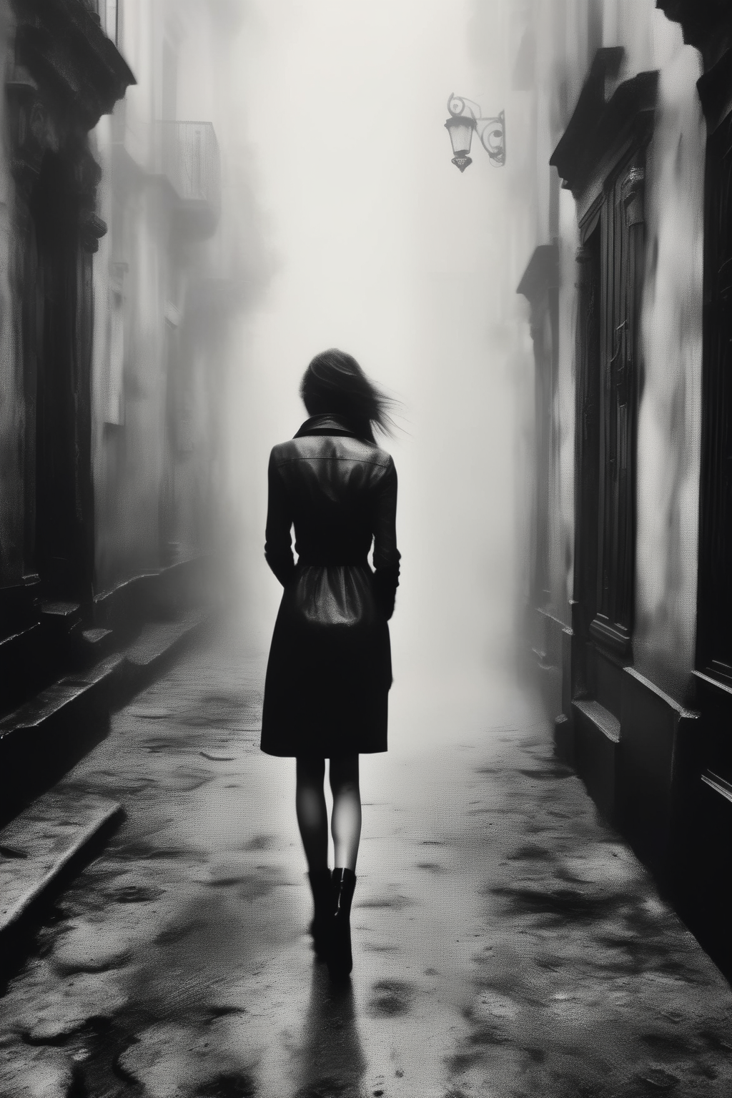 <lora:Ando Fuchs Style:1>Ando Fuchs Style - lonely girl in narrow streets. lost in the world. black and white photo realism. fog and chaos