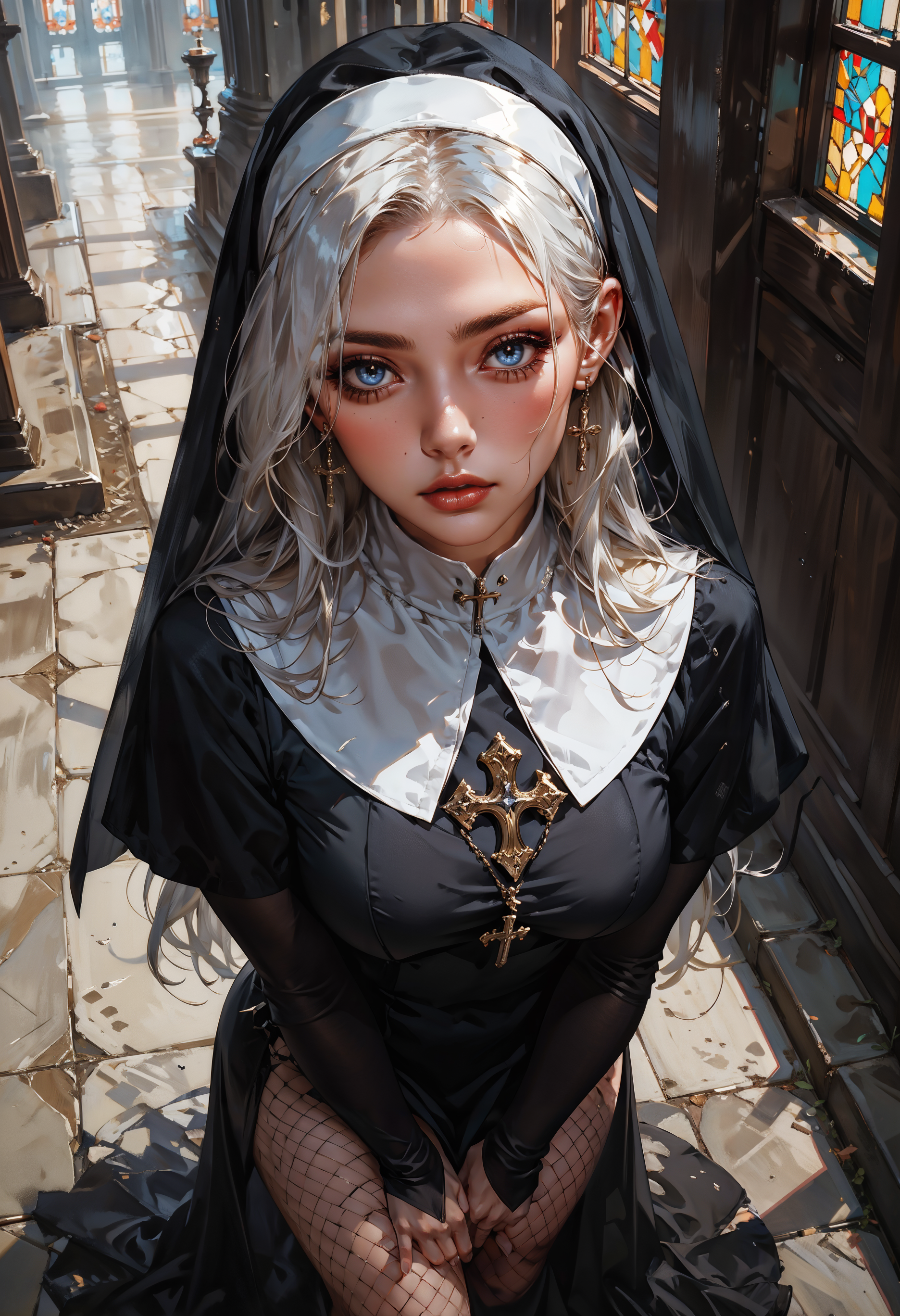 score_9, score_8_up, score_7_up, score_6_up, score_5_up, score_4_up,  dynamic angle, from above, realistic, 18 yo, 1girl, (solo:1.1), cute, sexy nun, black hearts, white hair, long hair, blush, fishnets, seductive, posing, church background, thighs, full body, standing  <lora:Concept Art DarkSide Style LoRA_Pony XL v6:0.8> concept art, <lora:Expressive_H-000001:0.6>, expressiveH     <lora:g0th1cPXL:0.4> <lora:incase_style_v3-1_ponyxl_ilff:0.3>     <lora:sinfully_stylish_SDXL:0.4>