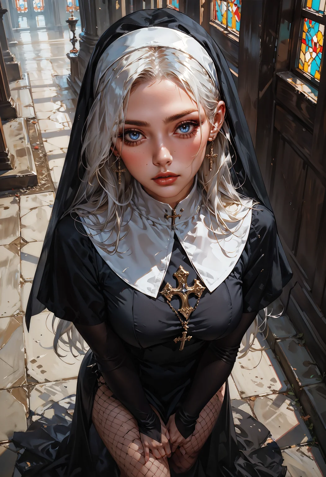 score_9, score_8_up, score_7_up, score_6_up, score_5_up, score_4_up, dynamic angle, from above, realistic, 18 yo, 1girl, (solo:1.1), cute, sexy nun, black hearts, white hair, long hair, blush, fishnets, seductive, posing, church background, thighs, full body, standing <lora:Concept Art DarkSide Style LoRA_Pony XL v6:0.8> concept art, <lora:Expressive_H-000001:0.6>, expressiveH <lora:g0th1cPXL:0.4> <lora:incase_style_v3-1_ponyxl_ilff:0.3> <lora:sinfully_stylish_SDXL:0.4>