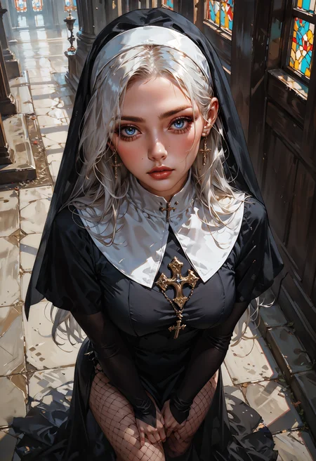 score_9, score_8_up, score_7_up, score_6_up, score_5_up, score_4_up,  dynamic angle, from above, realistic, 18 yo, 1girl, (solo:1.1), cute, sexy nun, black hearts, white hair, long hair, blush, fishnets, seductive, posing, church background, thighs, full body, standing  <lora:Concept Art DarkSide Style LoRA_Pony XL v6:0.8> concept art, <lora:Expressive_H-000001:0.6>, expressiveH     <lora:g0th1cPXL:0.4> <lora:incase_style_v3-1_ponyxl_ilff:0.3>     <lora:sinfully_stylish_SDXL:0.4>