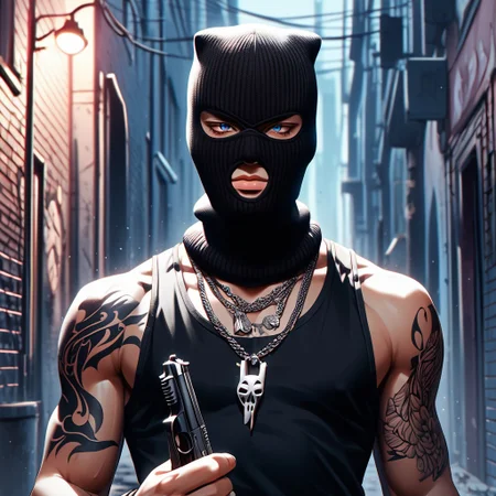 score_9, score_8_up, score_7_up, score_6_up, score_5_up, score_4_up, 1boy, male focus, tattoo, Black tank top, pistol, holding pistol, gun, weapon, handgun, sunglasses, ( dark eerie, alleyway:1.2), <lora:three_holes_knit_ski_mask:1.2> threeholkn1tskimask, ((three holes knit ski mask, mask)), <lora:add-detail-xl:1>