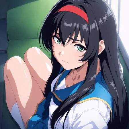 masterpiece,high score,great score,absurdres,solo,looking at viewer,upper_body,portrait,school_uniform,skirt,socks,<lora:Yuuri_Himeno ag4o v1:1> yuuri_himeno, black hair, long hair, green eyes, hairband,