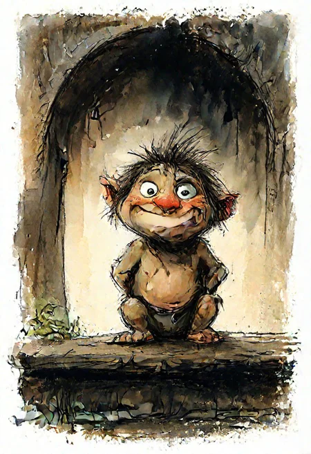 a cute drawing, Troll beneath the bridge, Eyes gleaming in the darkness, Guardian of secrets