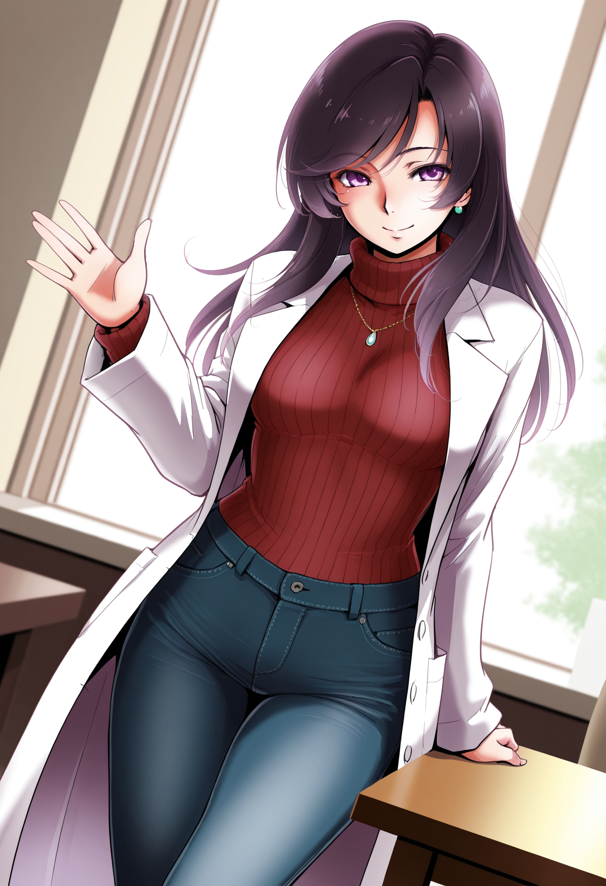 1girl, long hair, dark hair, purple eyes, medium breasts,
labcoat,jewelry, sweater, necklace, , ribbed sweater, turtleneck, jeans,
smile, waving,
indoors, day, table, cofee,
 <lora:DpcIL-style:1>, dpcstyle,