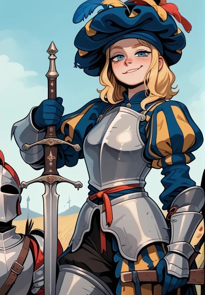 1girl, blonde hair, smug, grin, full armor, knight, french, landsknecht <lora:Landsknecht:1> landsknecht, weapon, sword, hat, armor, 1girl, puffy sleeves <lora:Gothic:1> 1gothic1,