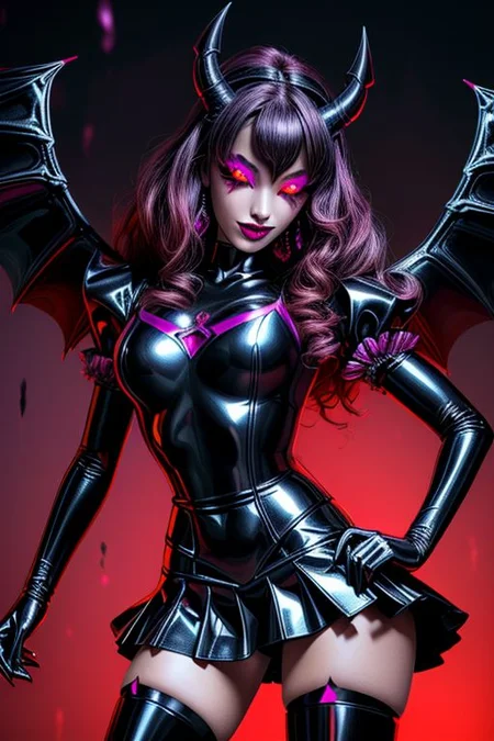 MEvil, DemonicT, EvlSM, Bad_End_Precure, DarkPrecure, adult, evil corrupted princess wearing dark pastel (ruffled:1) (gleaming latex:1) gown with (long latex cape:1) and latex elbow gauntlets, soft lighting, ruffles,
(makeup, lipstick, mascara, eyeshadow),
(blue skin, black sclera, colored sclera, colored skin, yellow eyes, demon wings, demon horns, slit pupils),
(red eyes, colored skin, glowing eyes, evil smile),
<lora:more_details:1>,