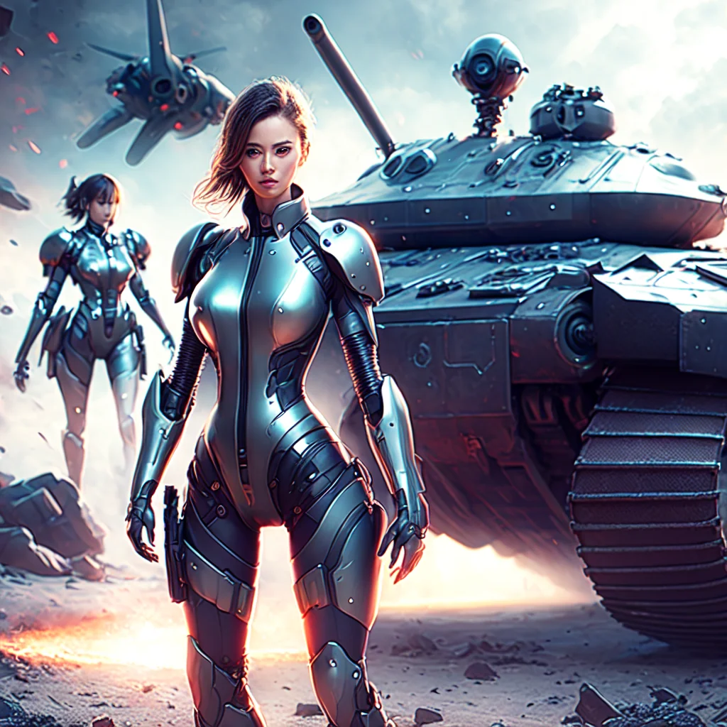 photo, a woman in a futuristic suit standing in front of a tank (MechAssassin style:1) <lora:djzMechAssassinV21:0.8>