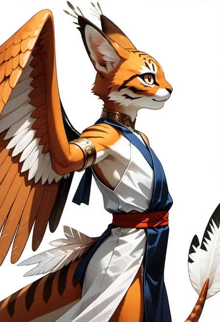 MVC2style
1person, Palagiri, anthro, feline features, feline nose, ((wings)), ((armless)), large perfect wings,
3/4 view, perfect wings, ((feathers-tipped tail, fanned tail-tip, tapering-tip tail)), simple background, white background, upper body,
Source: anime, score: 9, score: 8up,