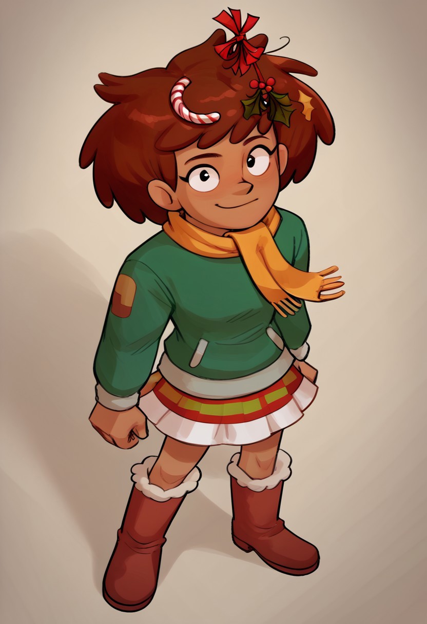 Score_9, Score_8, Score_7, relatedguy, channeboonchuy, , from above, , furry boots, plate skirt, , green jumper, , yellow scarf , christmas , candycane in hair, mistletoe in hair , solo