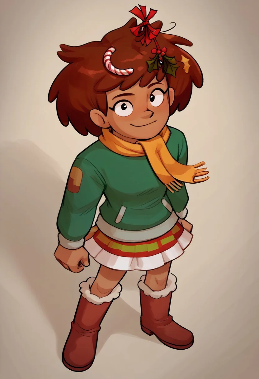 Score_9, Score_8, Score_7, relatedguy, channeboonchuy, , from above, , furry boots, plate skirt, , green jumper, , yellow scarf , christmas , candycane in hair, mistletoe in hair , solo