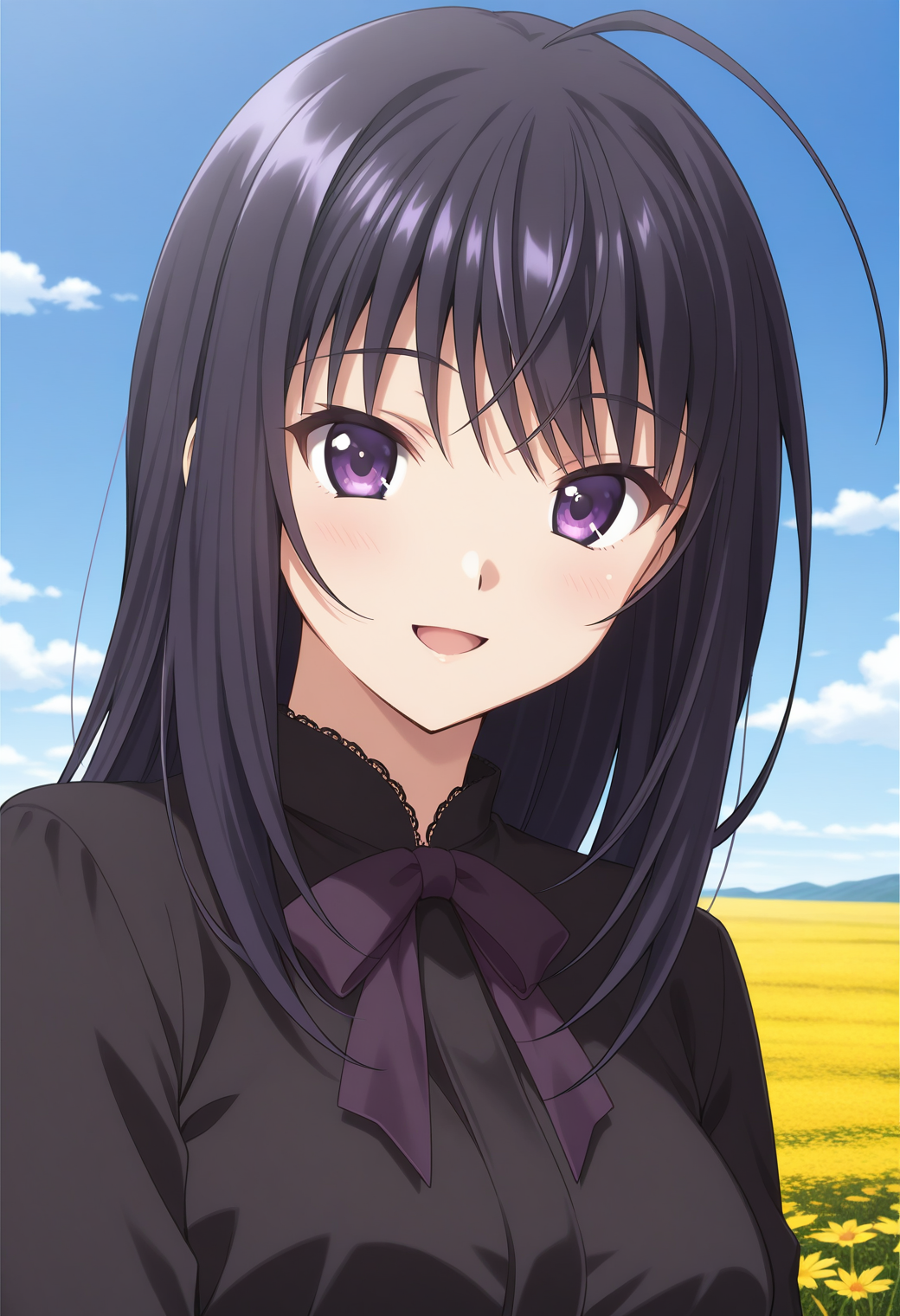 ever17_tugumi, purple eyes, black hair, long hair, ahoge, bowtie, black dress, long sleeves,<lora:ever17_tugumi_illustrious_ver1:0.8> 
smile, 1girl, solo, (field:1.2), (blue sky:1.2), looking at viewer,, masterpiece, best quality, general,, (upper body:1.2), (close-up:1.2), (facing viewer:1.2), (open eyes:1.4), (portrait:1.2)