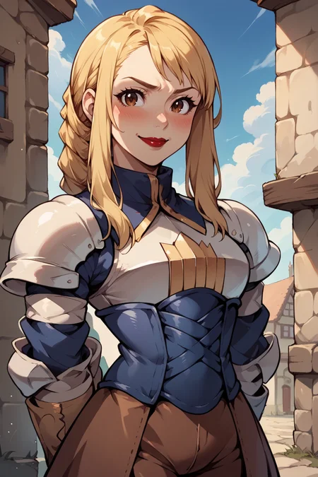 score_9, score_8_up, score_7_up, score_6_up, source_anime, 1girl, solo BREAK  <lora:agrias-pdxl-nvwls-v1-000005:0.9> agrias, blonde hair, brown eyes, braided ponytail, shoulder armor, armor, corset, brown pants, brown gloves, red lipstick, blush, looking at viewer, smile, blue sky, arms behind back, embarrassed, village
