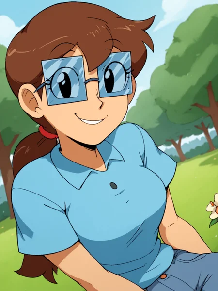 score_9, score_8_up, score_7_up, score_6_up, BREAK, S0s4n, 1girl, solo, black eyes, long hair, brown hair, glasses, ponytail, blue shirt, jeans, smile, looking at viewer, in the park, flower, tree <lora:Susan-000006:1>