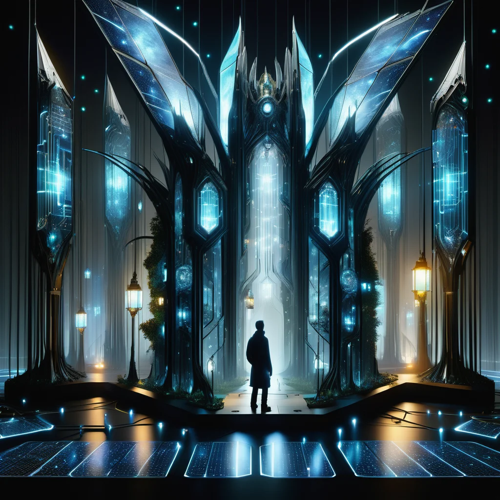 hyper detailed masterpiece, dynamic, awesome quality,DonMT3chW0rldXL nexus dynamics center, electroactive shape-changing facades, bollard lights,fireflies, wall-mounted lanterns <lora:DonMT3chW0rldXL-000009:1>