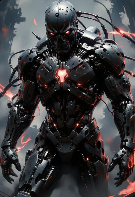 silhouette art, in the style of ck-rw,, a_skynet_cyberdyne_systems_craft, the image is featuring a robotic cyberpunk terminator endoskeleton, titanium and chrome, robot wires and circuitry, robot joints, glowing lights, silhouetted, chiascuro, red glowing eyes, abstract dark cyberpunk background
