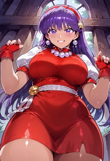 score_9, score_8_up, score_7_up, source_anime,mogudan,1girl,alone,smile,close moutch,shiny_clothes,shiny_skin,five fingers,1 girl,large breast,from below,looking at vietwer,angle down, Athena96,purple hair, purple eyes, star shaped hair accessory, red hair band, long hair, jewelry, earrings, puffy short sleeves, fingerless gloves, necklace,short dress, red dress, red gloves,easynegative