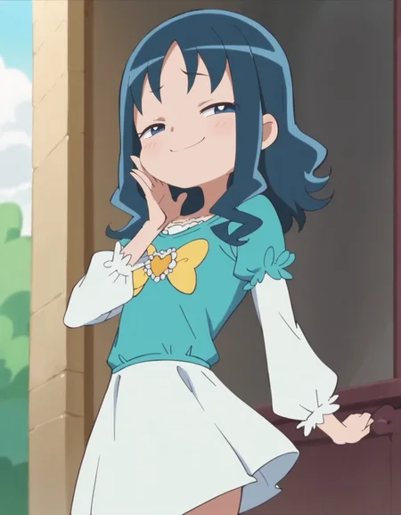 score_9, score_8_up, score_7_up, anime screencap, solo,1girl,kurumierika,heart brooch, blue shirt,white sleeves,white skirt,jewelry,smile,yellow bow,cowboy shot,small breasts,smug,blush<lora:kurumierika:0.8>