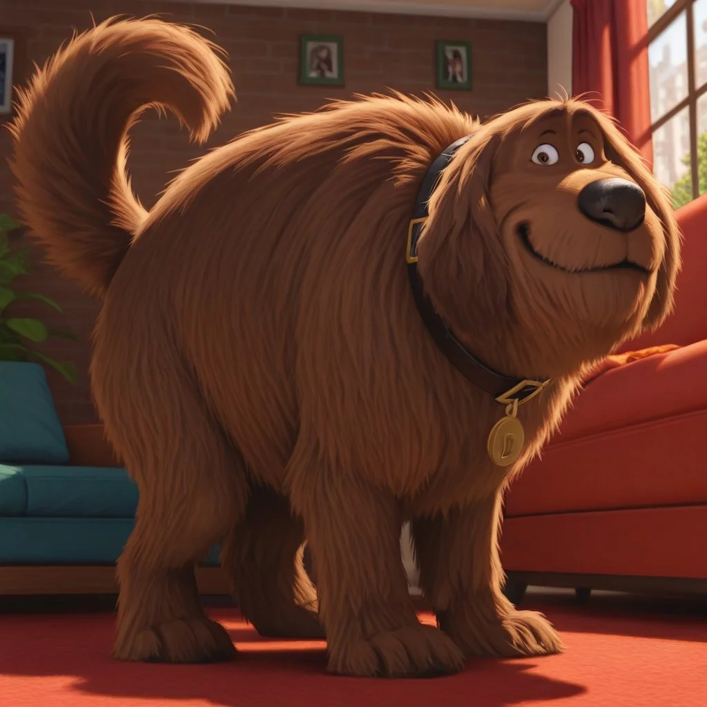 Duke(TSLoP), Solo, 1boy, feral, dog, brown fur, brown eyes, shaggy fur, dog tail, black nose, black collar, gold tag, full body, looking at viewer, standing, smile, living room background,