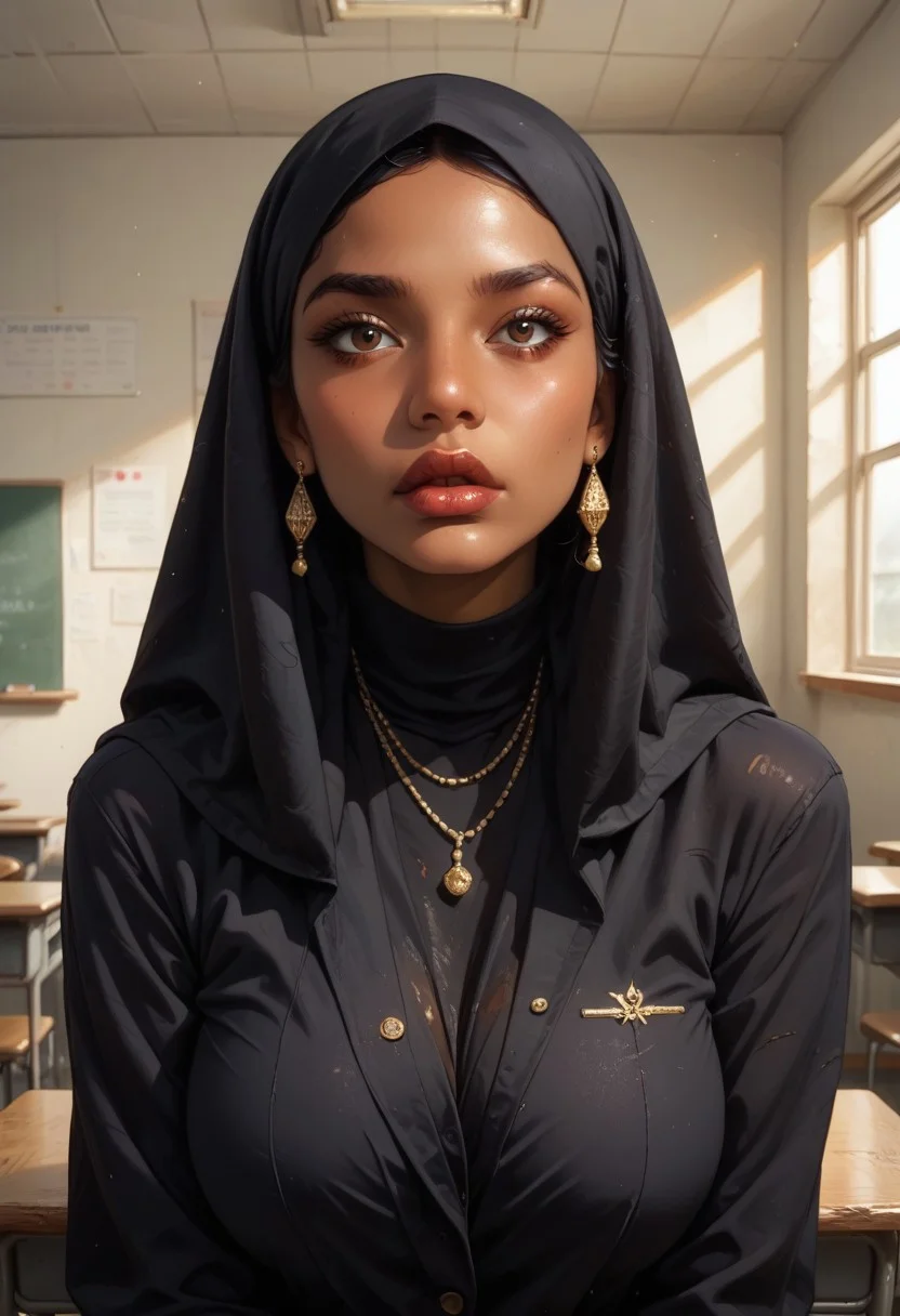 score_9, score_8_up, score_7_up,  boris valejjo, oil painting, traditional media, 18year old Ahira muslim female, ((dark skinned girl)), , big lips, huge lips, thick lips, puffy lips, parted lips, strong jawline, high cheekbones, hollow cheeks, ((large round breasts)), (thick hips), (wide hips), curvy, round ass, (large ass), looking embarrassed, (humiliated blush), looking at viewer, black hijab, black abaya, fully clothed, classroom,sharp_LASCALAE, ultra sharp focus,