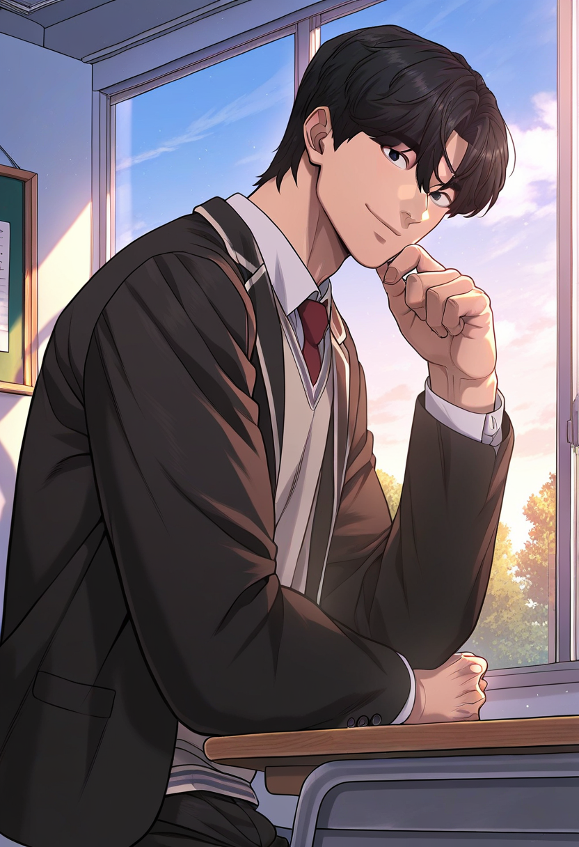 1boy, male focus, solo,
<lora:Character - Questism - Kim Suhyeon:1> kimsuhyeon, black hair, black eyes
,((zPDXL)), score_9_up, score_8_up, score_7_up, score_6_up, score_5_up, score_4_up, best quality, amazing quality, best aesthetic, amazing aesthetic, absurdres, year2023, uncensored, very nsfw, official art, official style,
 looking at viewer, smile, classroom, blazer, red necktie, school uniform, morning,