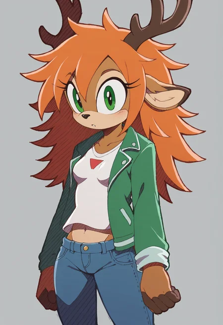 score_9, score_8_up, source_furry, solo, deer, antlers, orange hair, green jacket, brown fur, blue t-shirt, jeans, small breasts, messy hair, green eyes, <lora:Riders_XL_V2:0.9>, riders, shading