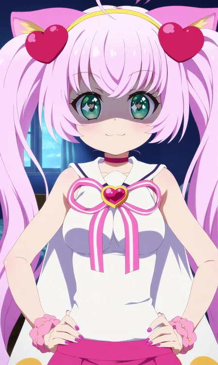 masterpiece, best qualify, beautiful eyes, zzRosia, 1girl, animal ears, cat ears, solo, heart, twintails, long hair, hands on hips, pink hair, ahoge, green eyes, smile, nail polish, breasts, hairband, shaded face, looking at viewer, skirt, cat tail, hair ornament, medium breasts, pink skirt, scrunchie, very long hair, tail, yellow hairband, cat girl, heart ahoge, :3, heart-shaped pupils, shirt, symbol-shaped pupils
