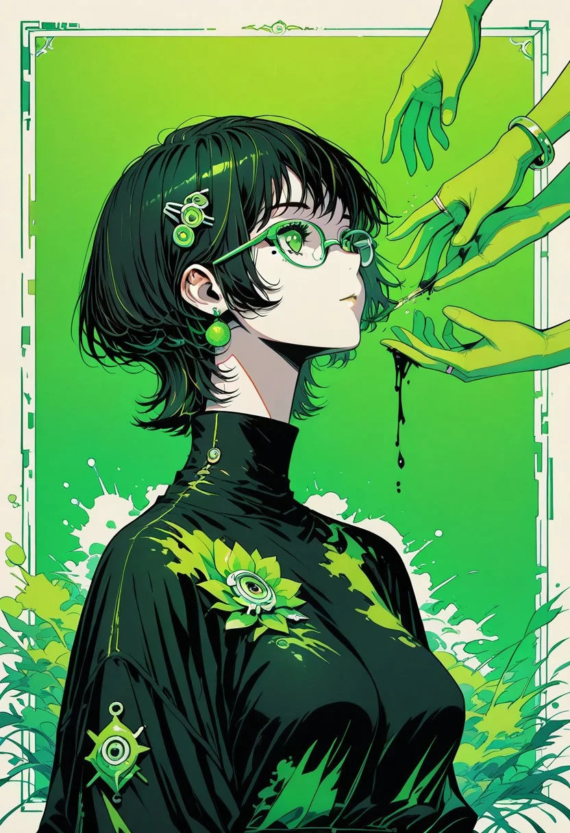 masterpiece, high quality, highres, flat colors, gradient, retro colors, sketch, ink splash, rings, abstract, dynamic angle, cinematic, detailed_hands, elegant_fingers, beautiful_feet, green theme
1girl, pin up, dark hair, wolf cut, glasses, hair ornament
turtleneck dress, decorated, bracelets, mole on her breasts
fruits
closeup, closeup to face, portrait, outside border