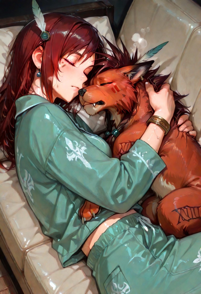 artist:moriimee, 748cmstyle. {{amazing quality, best quality, high quality, very aesthetic}}, {1girl, 1animal, duo, eye focus, side view}, {{Yuffie_FF7, green pajamas, green pajama pants}, {smaller human, younger human}, {older animal, younger human}}, {{1animal, red xiii, feral, bangle, beads, body markings, bracelet, claws, dog nose, earrings, facial mark, fangs, feather hair ornament, feathers, hair ornament, mane, red fur, red hair, feline, tribal}, {larger animal}}, {{{deep skin, shiny skin, steam, sweat}}, {{age difference, bodily fluids, human with animal, interspecies, size difference}}}, sleeping, holding, cuddling, hugging, person lying on animal, snoring, lying on back, on couch, side view,